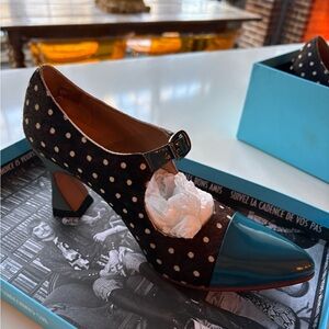 Fluevog 6.5 Polka Dot Bug Presence Buckle Pump Malala Black Pony 6.5